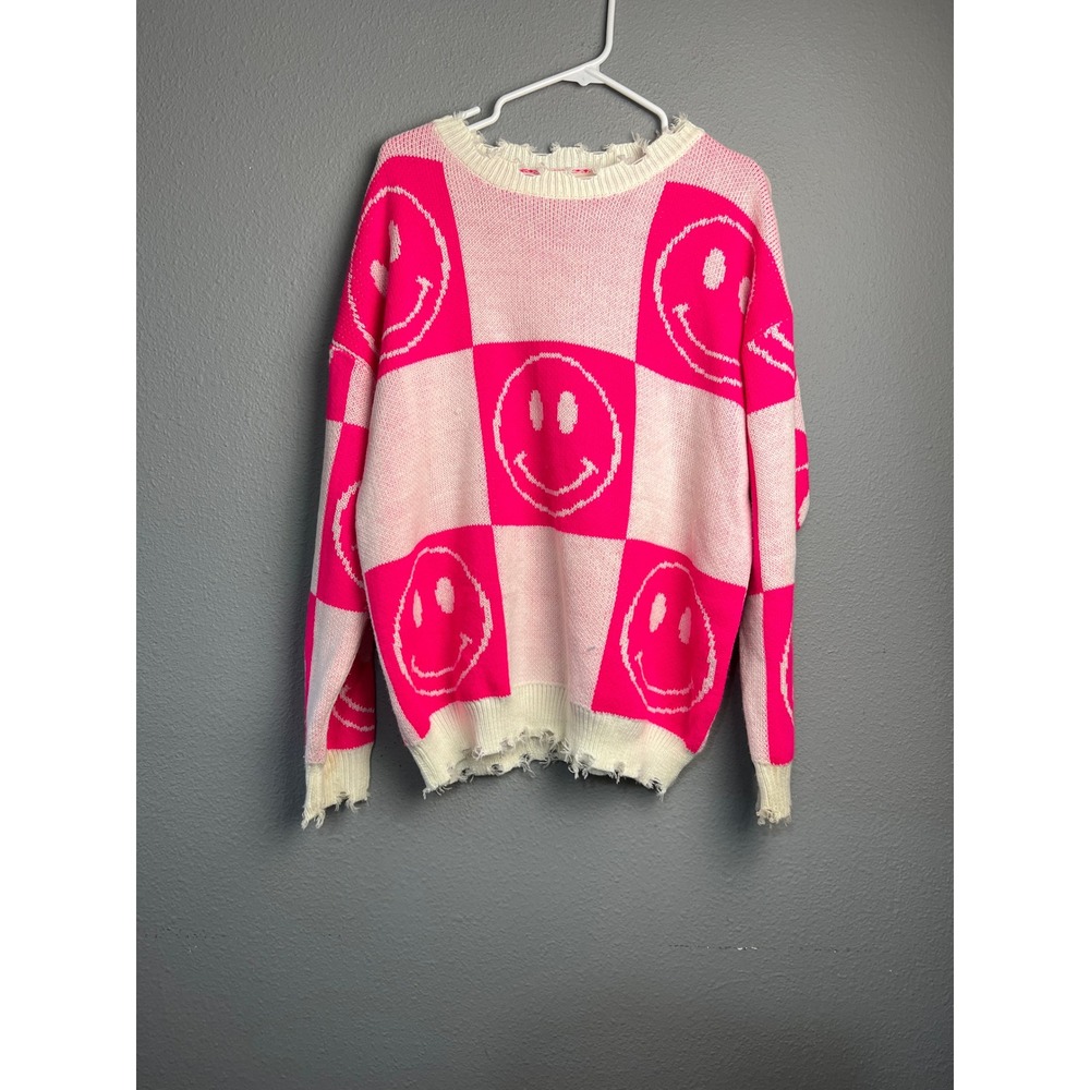 Altar'd State Pink Checkered Novelty Smiley Face Distressed Oversized Sweater XS